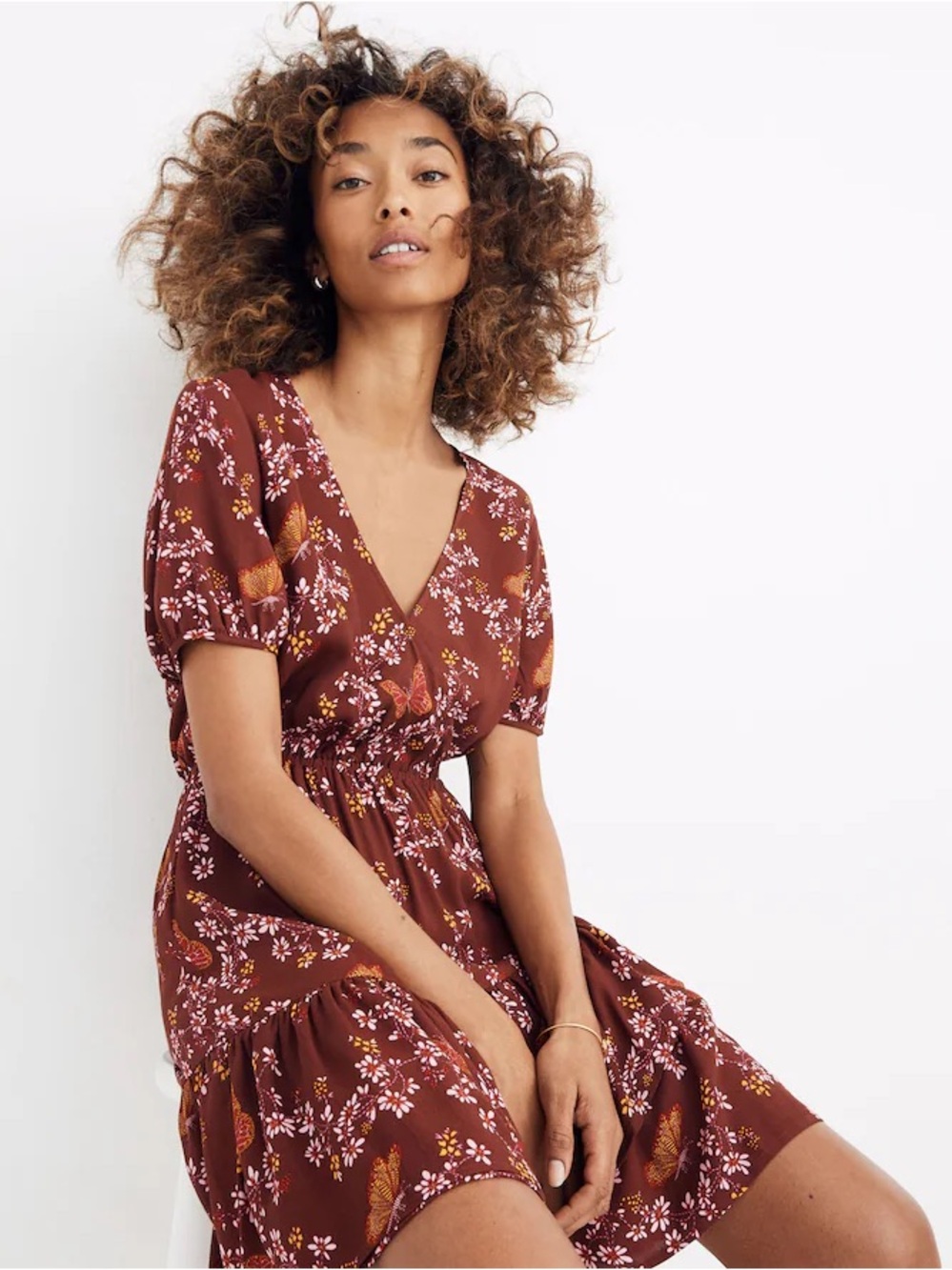 Madewell Burgundy Floral V-Neck Short Sleeve Dress